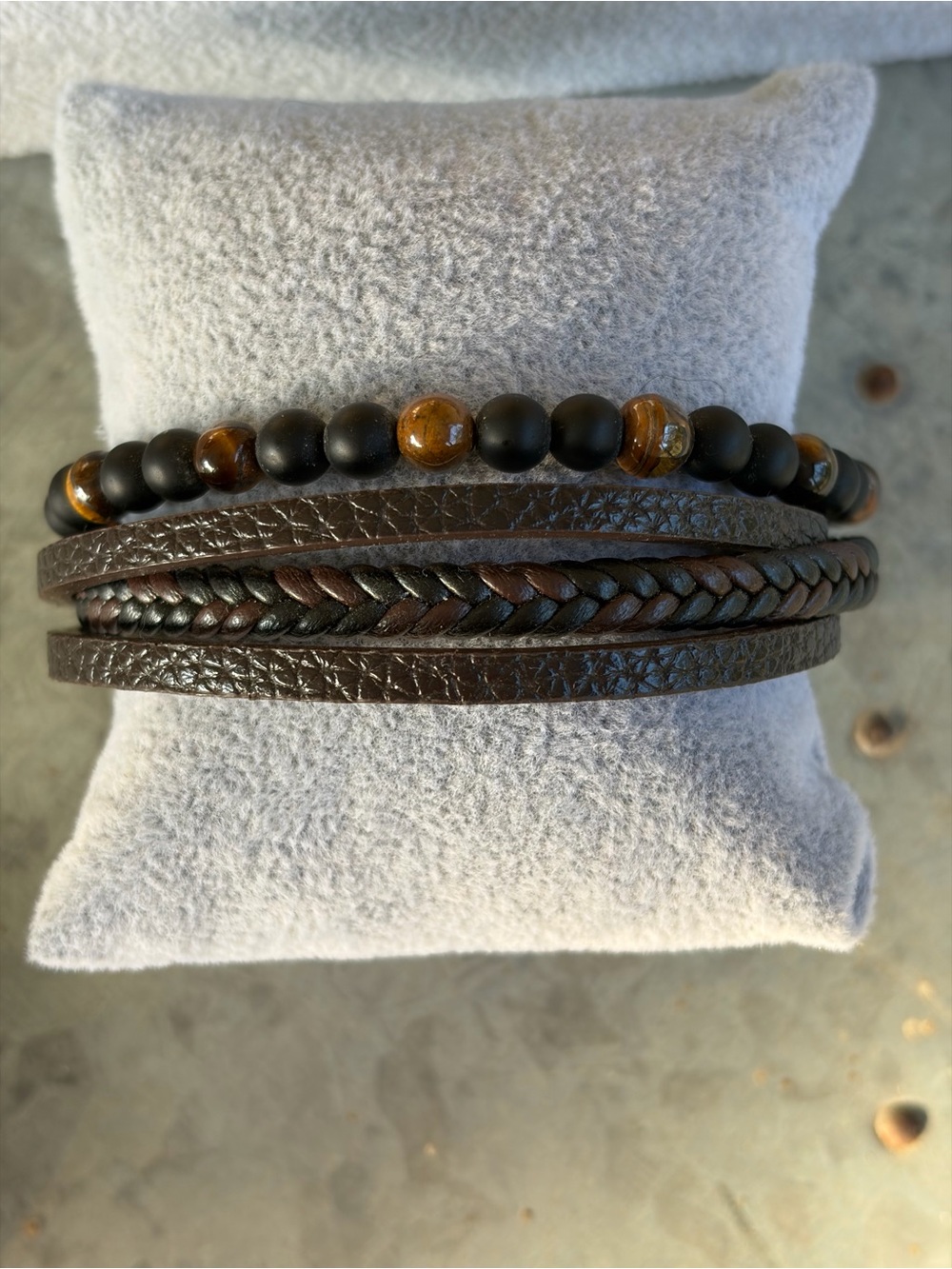 Hand Crafted Brown Leather Wrap Bracelet with Black and Tiger Eye Beads